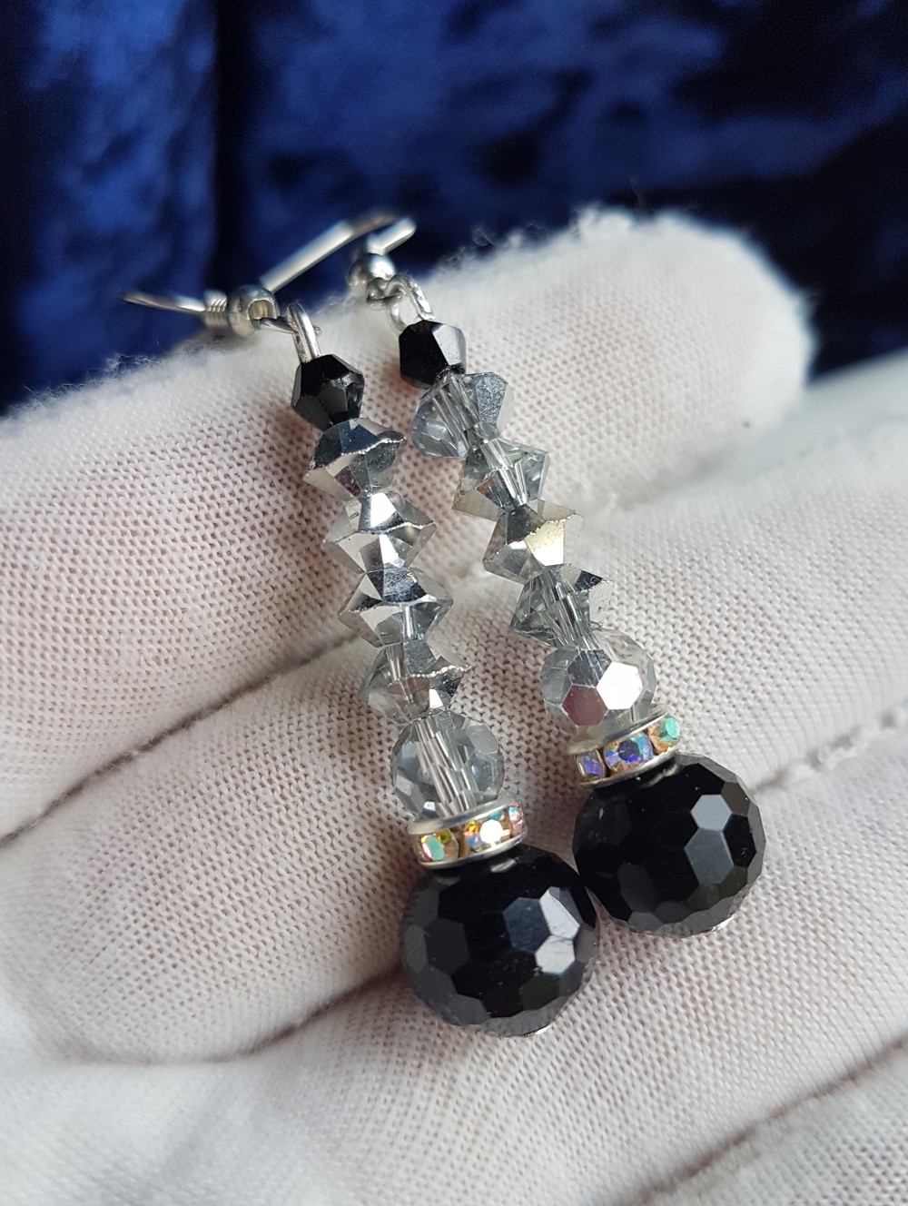 Swarovski Elements Black & Metallic Silver Crystal Linear Earrings NEW